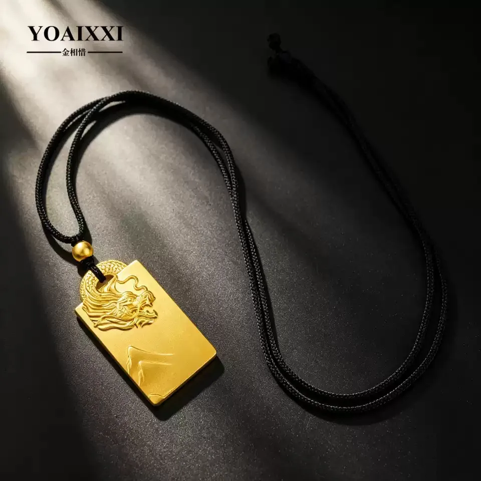 金相惜 金相惜古法实心挂绳龙远山无事方牌吊坠(含珠子) · 古法黄金
